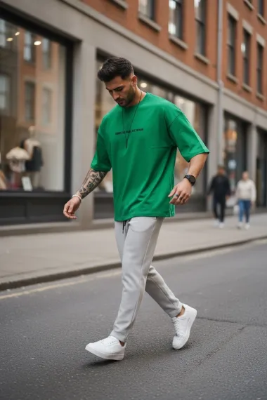 Tricou barbati verde, cu imprimeu pe spate, oversize 11821 O1-3.2